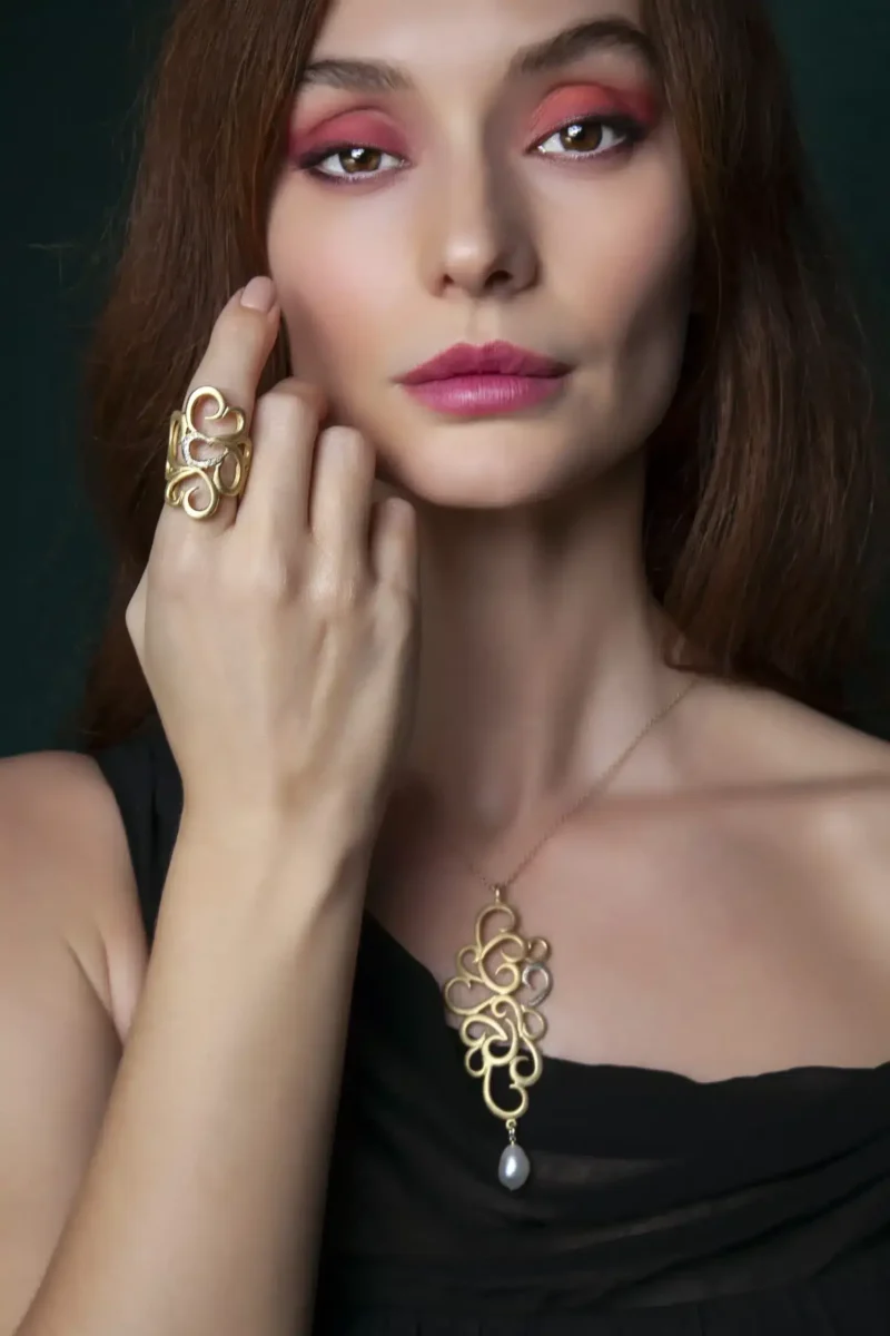 Handmade Jewellery | Gold plated silver long necklace with diamond dust and baroque pearl gallery 1