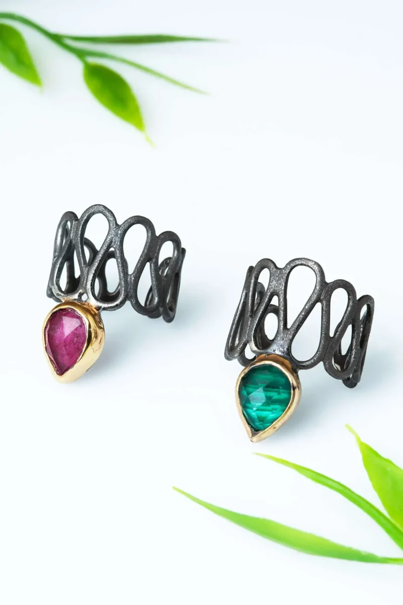 Handmade Jewellery | Malachite adjustable black rhodium plated silver chevalier ring gallery 1