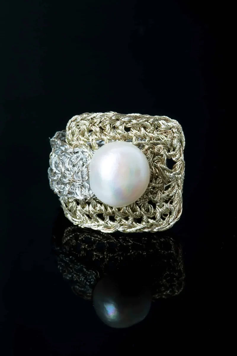 Handmade Jewellery | Crochet knit silver ring with pearl gallery 3