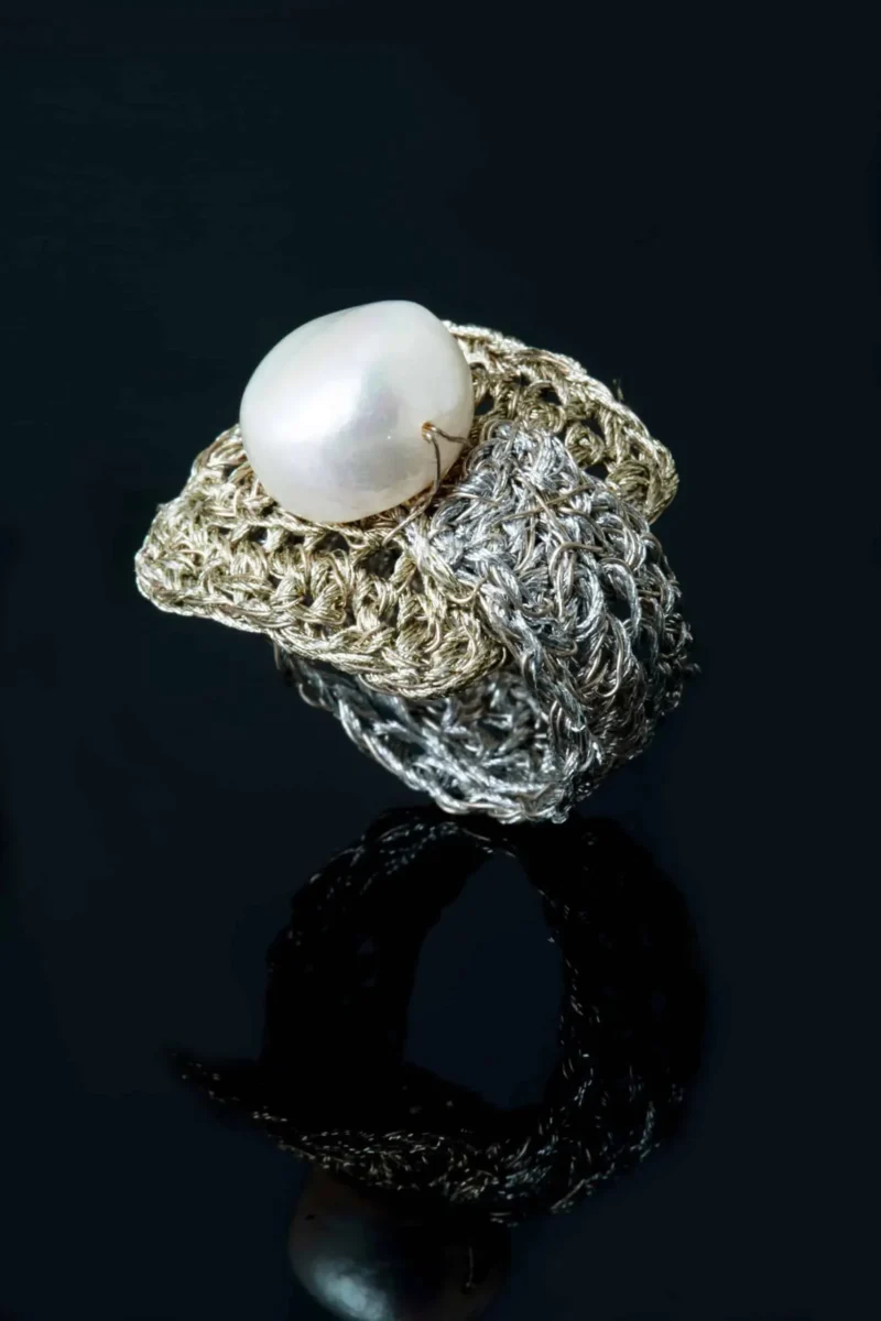 Handmade Jewellery | Crochet knit silver ring with pearl gallery 2