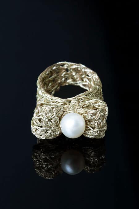 Bow crochet knit silver ring with pearls gallery 1