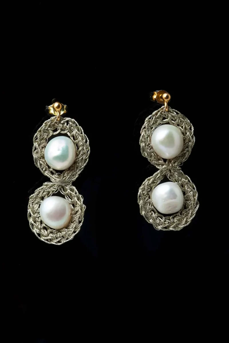 Handmade Jewellery | Crochet knit silver earrings with pearls gallery 1