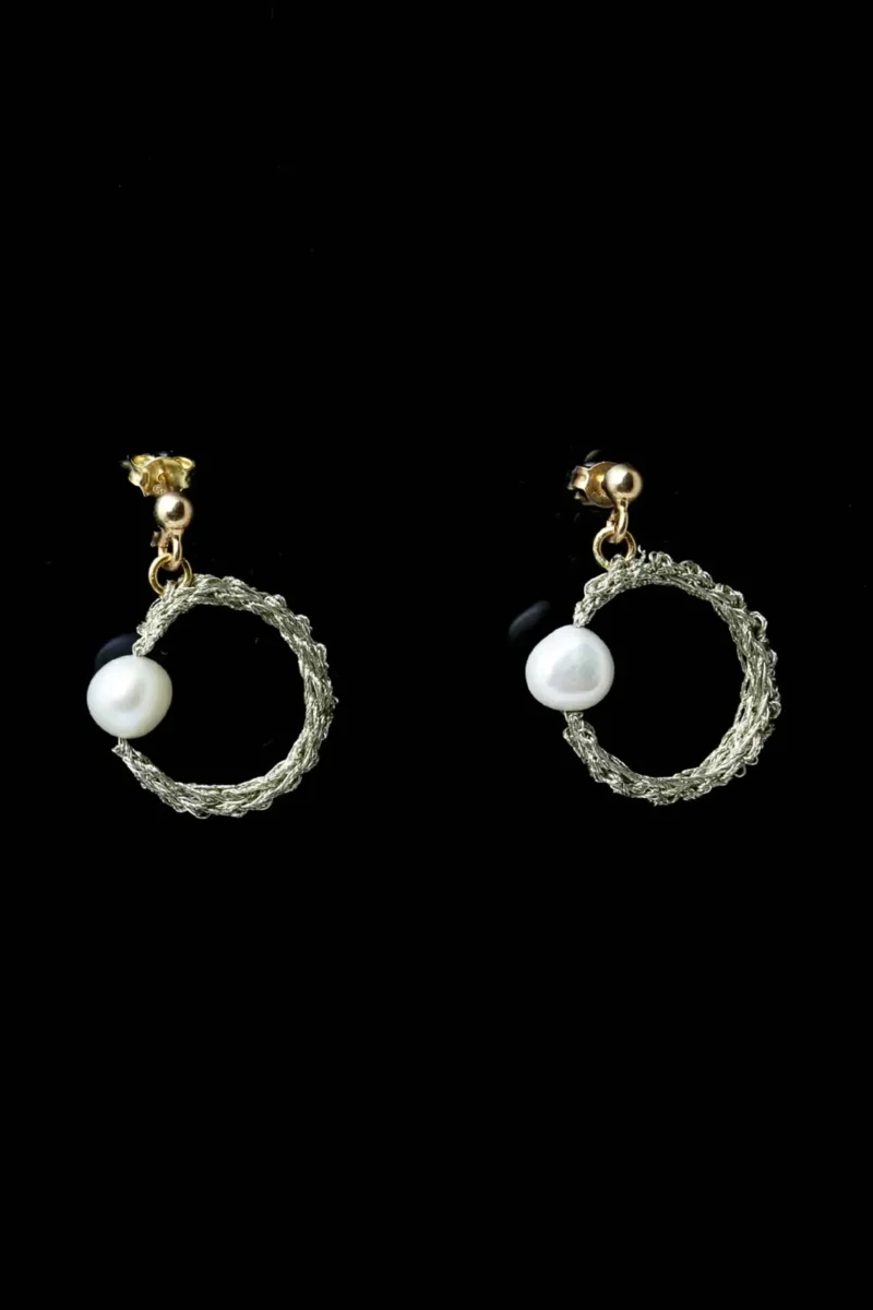 Handmade Jewellery | Round crochet knit silver earrings with pearls gallery 1