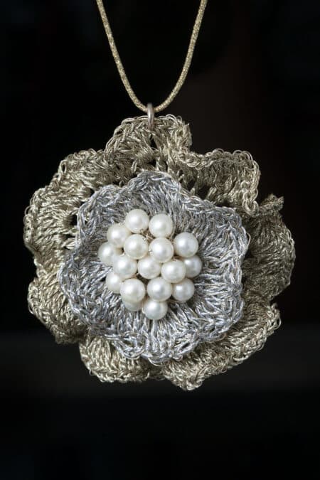 Flower crochet knit silver pendant with golden thread and pearls gallery 1