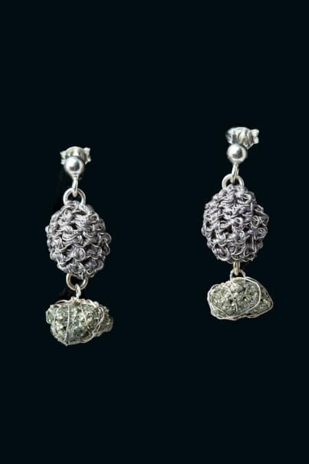 Crochet knit silver earrings with pyrite gallery 1