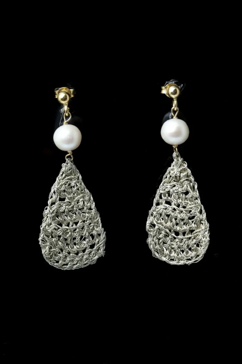 Handmade Jewellery | Teardrop crochet knit silver earrings with pearls gallery 1