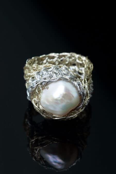 Crochet knit silver ring with pearl gallery 1