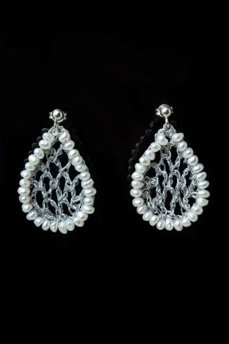 Handmade Jewellery | Teardrop crochet knit silver earrings with pearls gallery 1