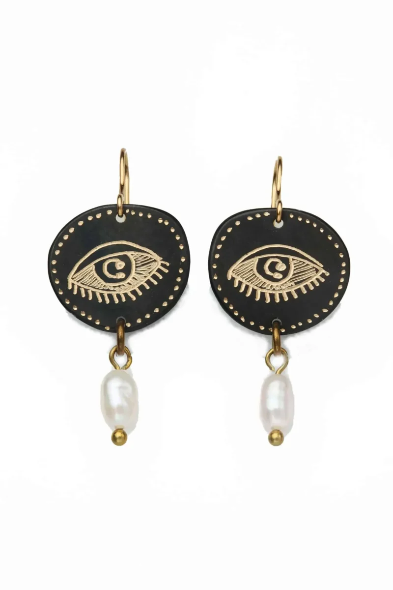 Handmade Jewellery | Eye engraved bronze earrings with pearls main