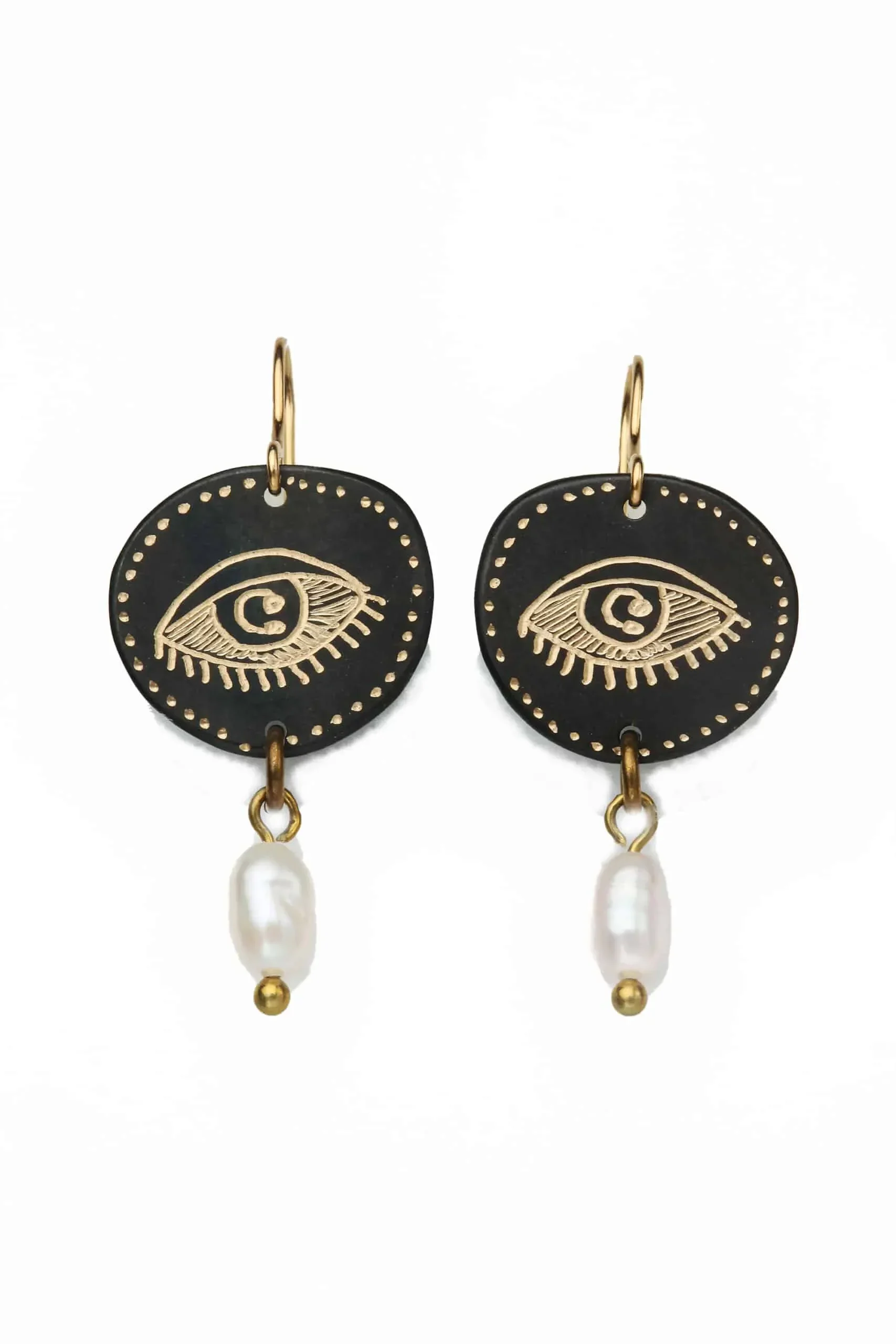 Handmade Jewellery | Eye engraved bronze earrings with pearls main