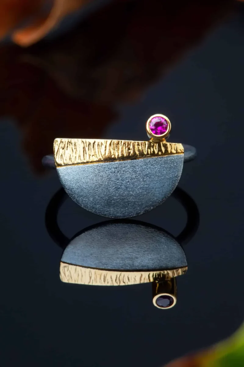 Handmade Jewellery | Silver black ring and pink zircon gallery 3