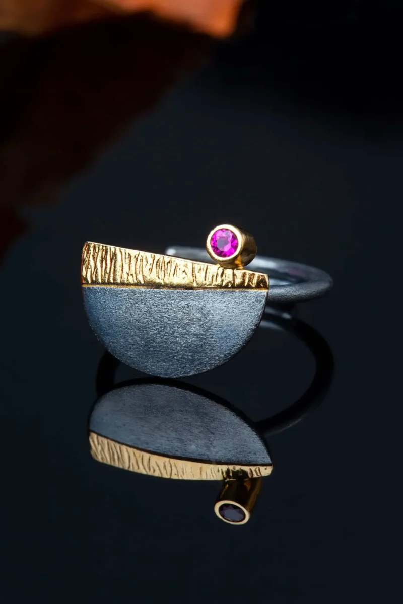 Handmade Jewellery | Silver black ring and pink zircon gallery 4