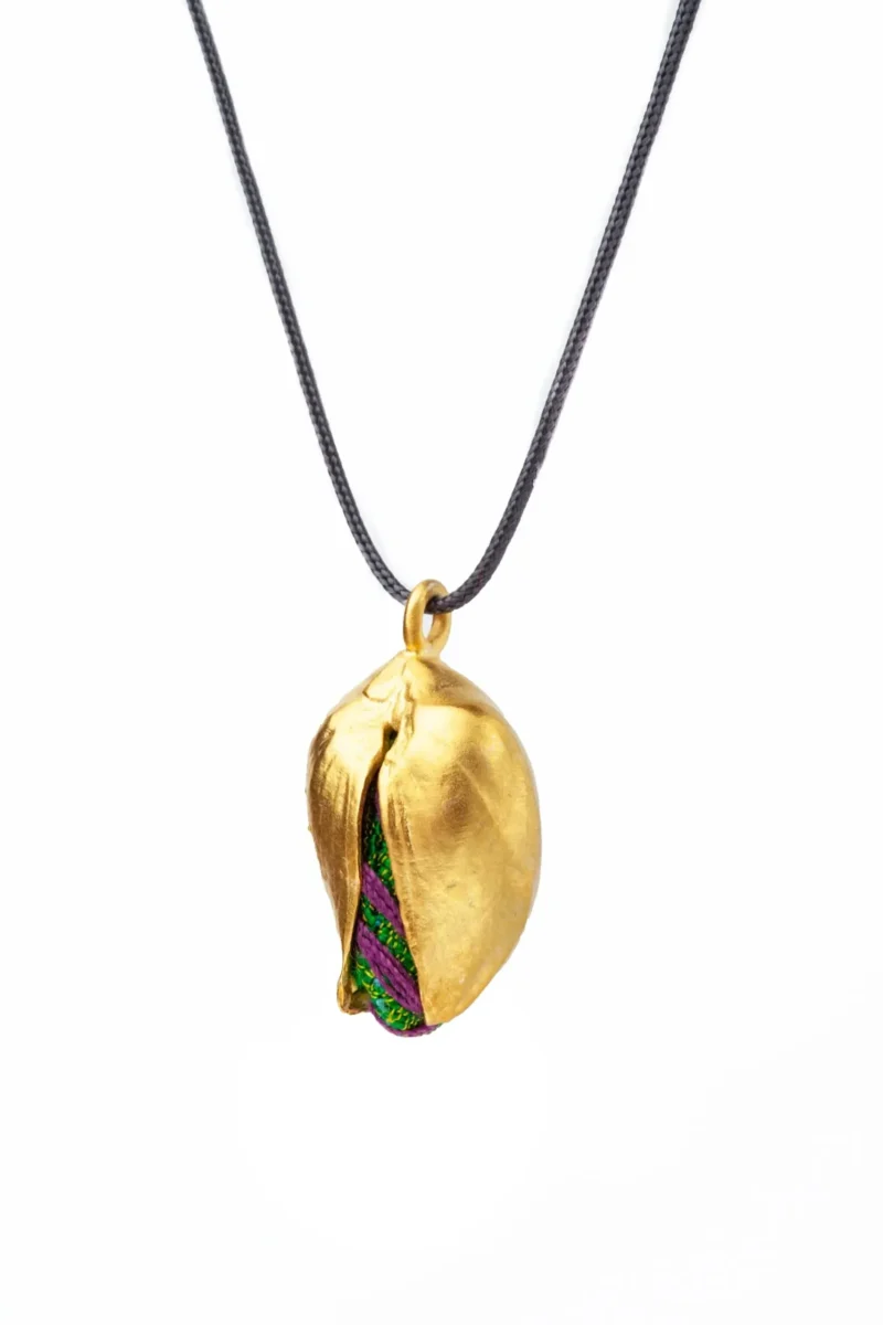Handmade Jewellery | Pistachio gold plated bronze pendant with fabrics main