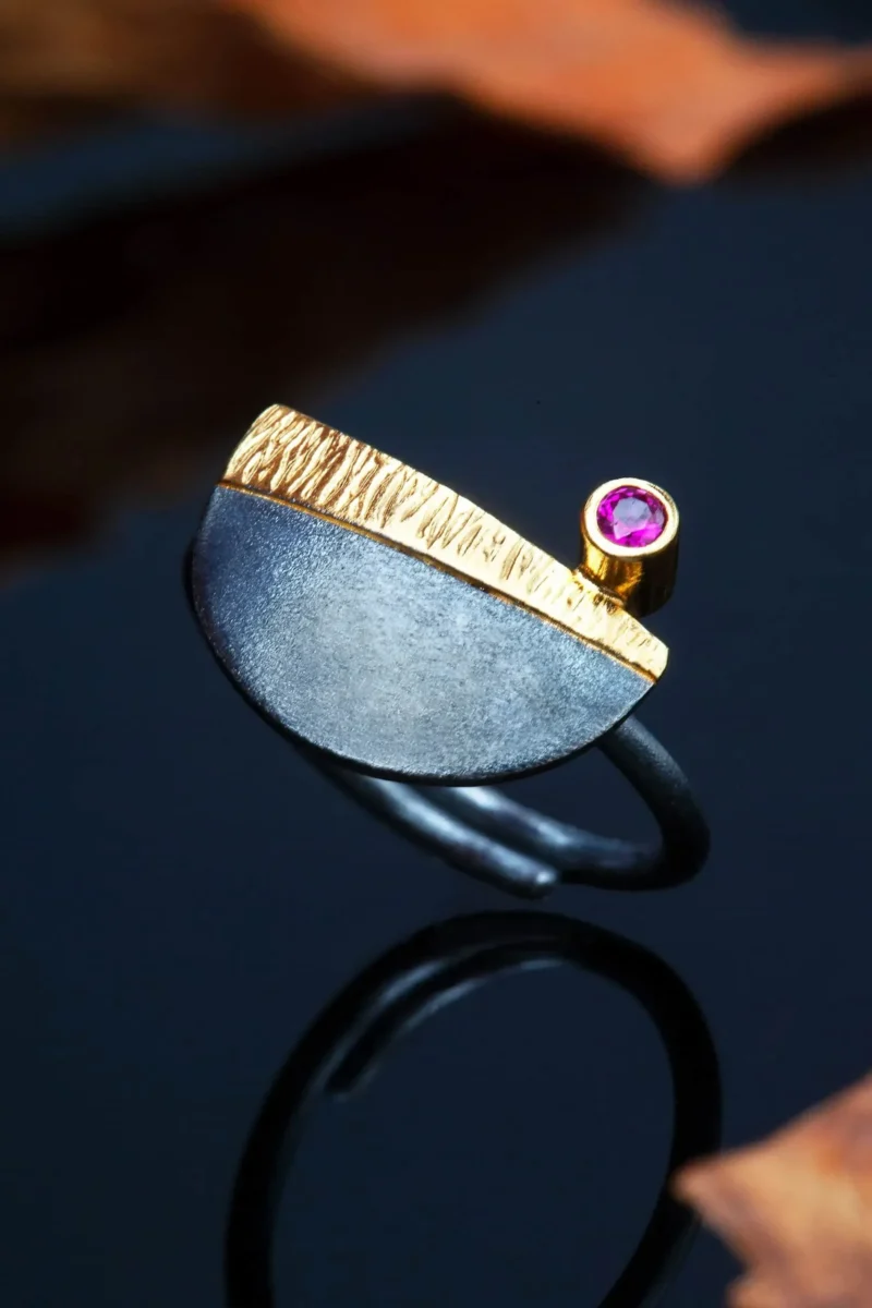 Handmade Jewellery | Silver black ring and pink zircon gallery 1