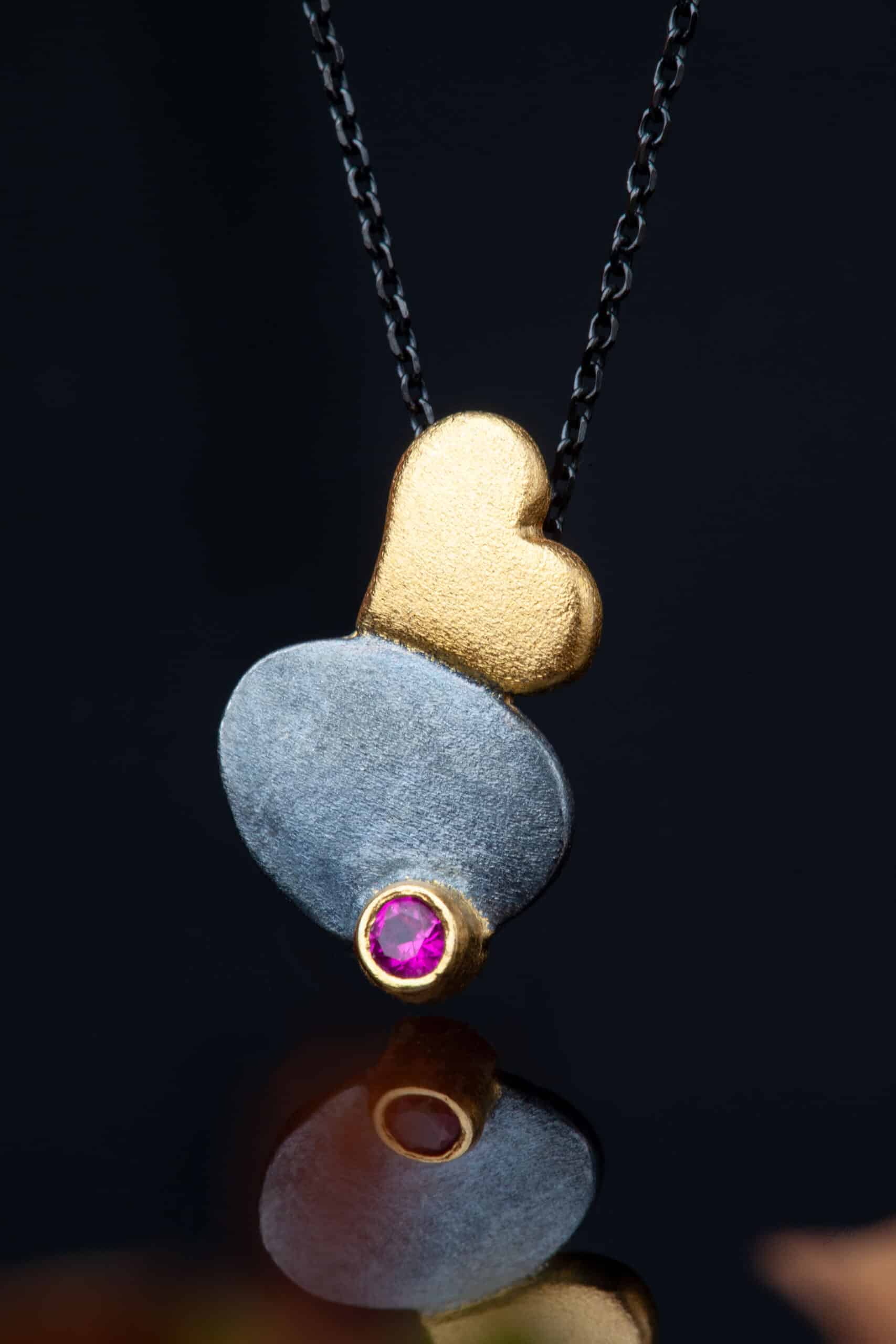 Heart black silver necklace with pink zircon gallery 1