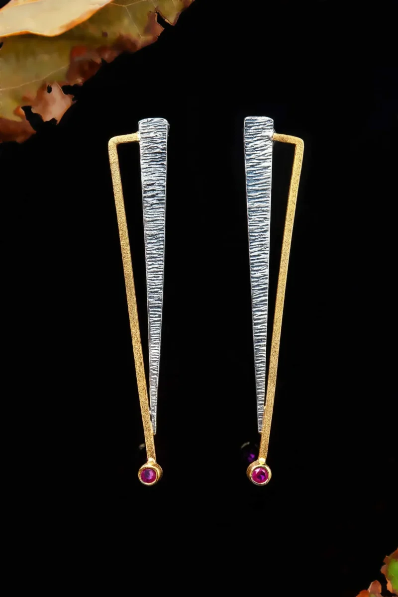 Handmade Jewellery | Geometric handmade Silver oxidized and gold plated earrings with zircon gallery 1
