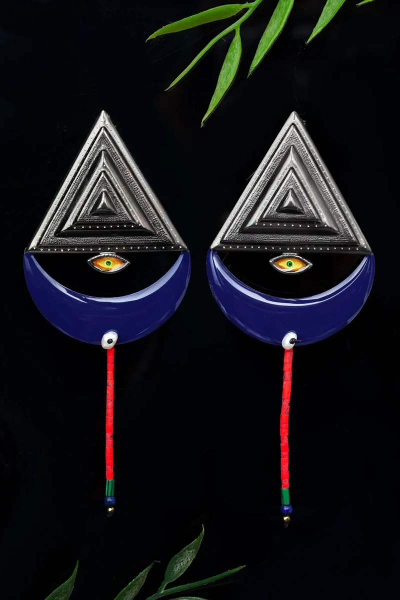 Handmade Jewellery | Triangle black plated bronze earrings with enamel gallery 1