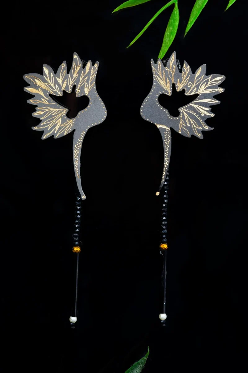 Handmade Jewellery | Bird engraved bronze earrings with onyx gallery 1