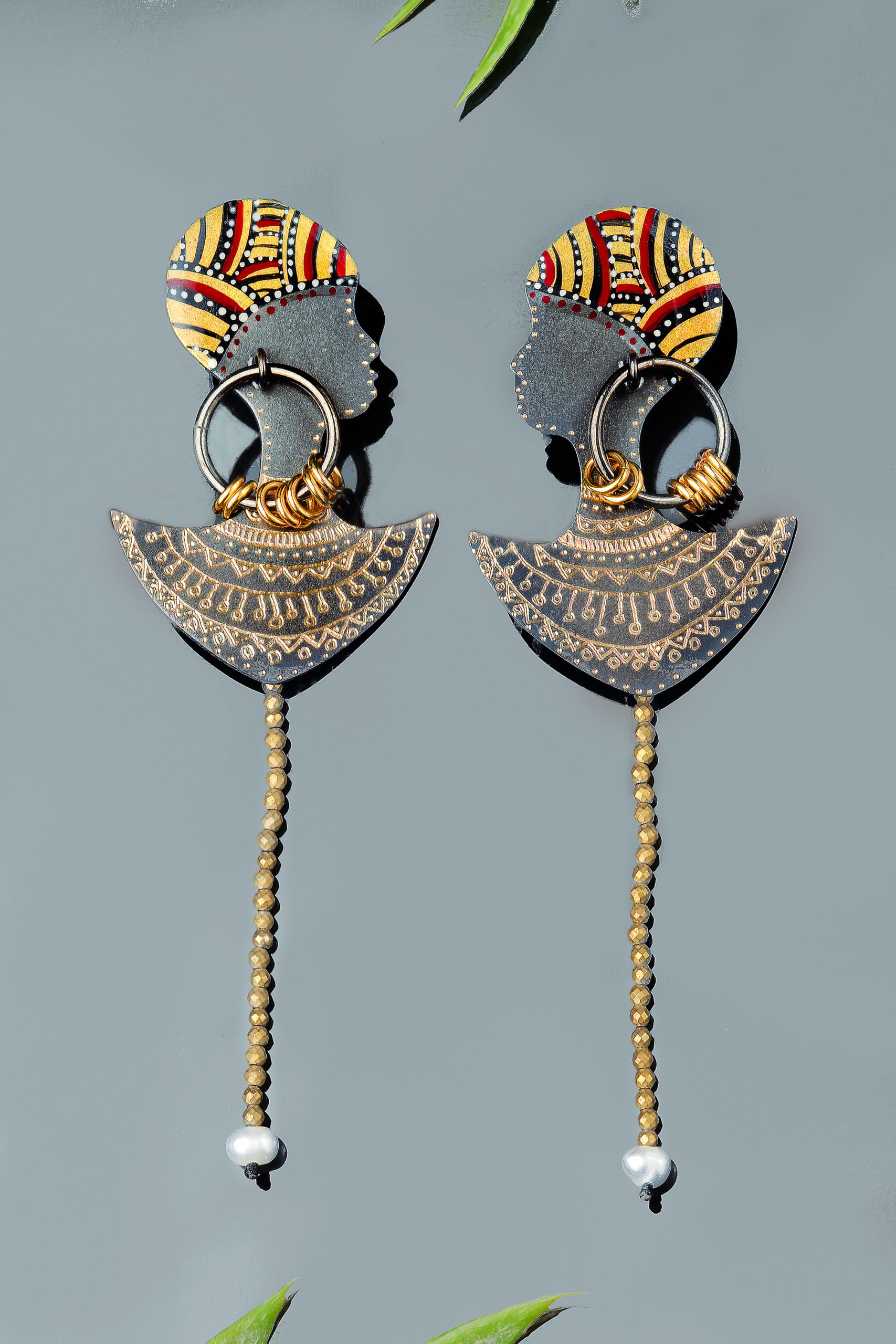 African woman engraved black bronze earrings with enamel gallery 1