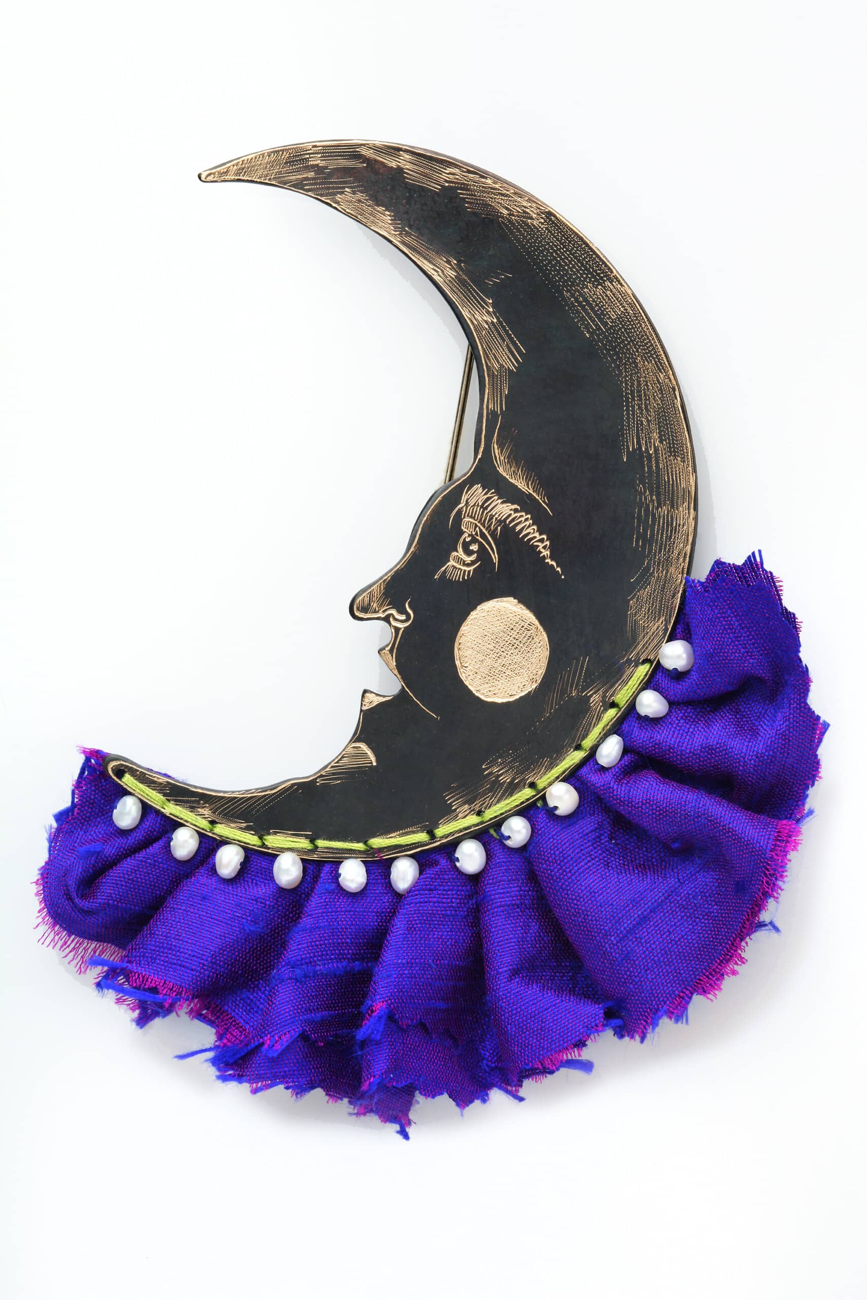 Moon engraved bronze and silk brooch main