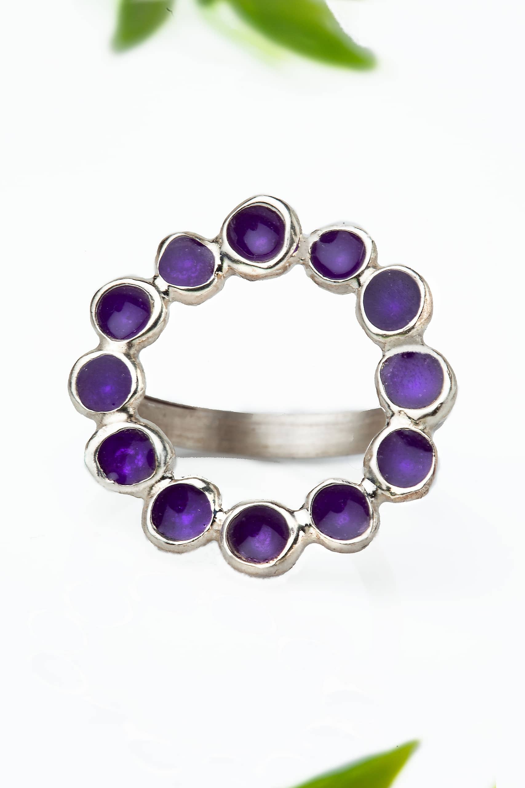 Wreath silver ring with purple enamel gallery 1