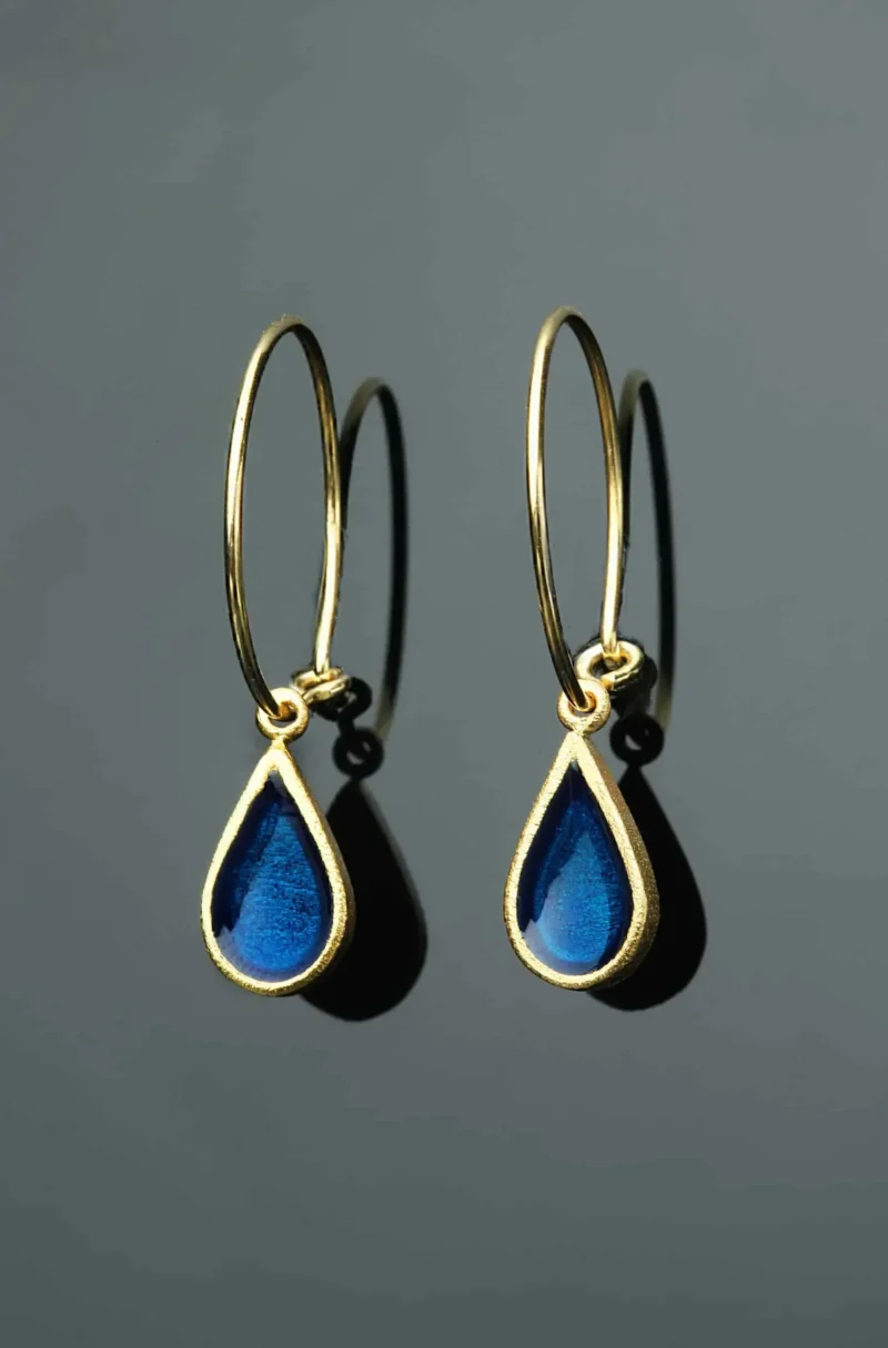 Handmade Jewellery | Drops gold plated silver hoops with blue enamel gallery 1