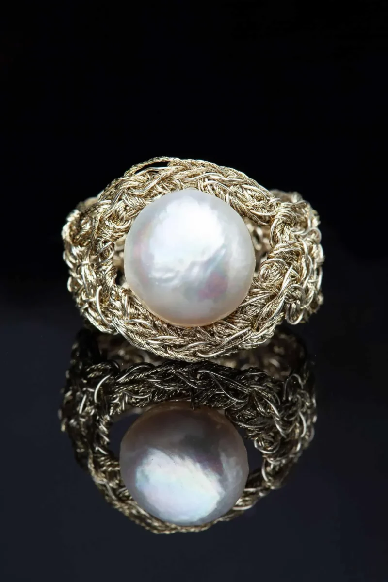 Handmade Jewellery | Gold crochet knit silver ring with pearls gallery 3
