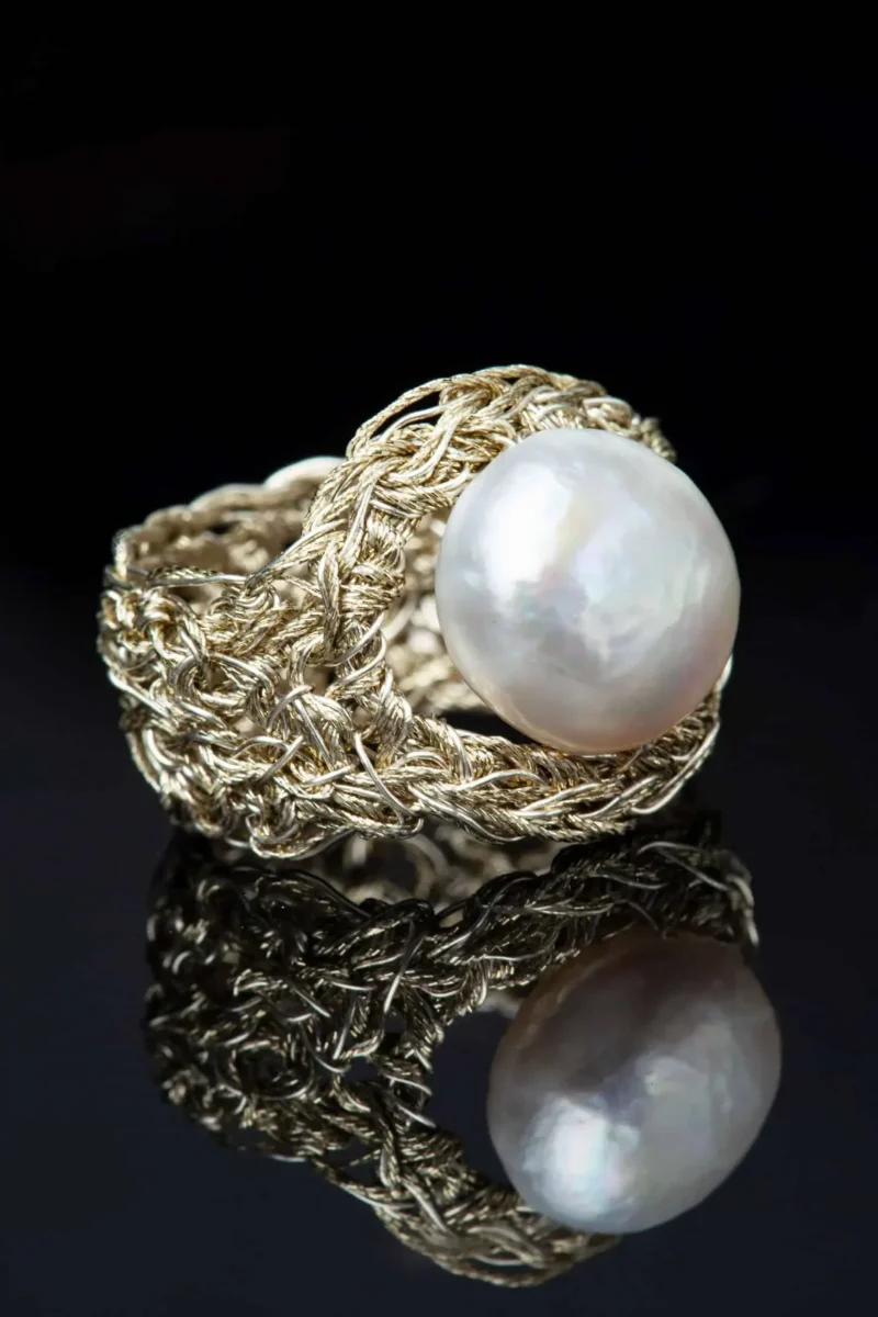 Handmade Jewellery | Gold crochet knit silver ring with pearls gallery 4