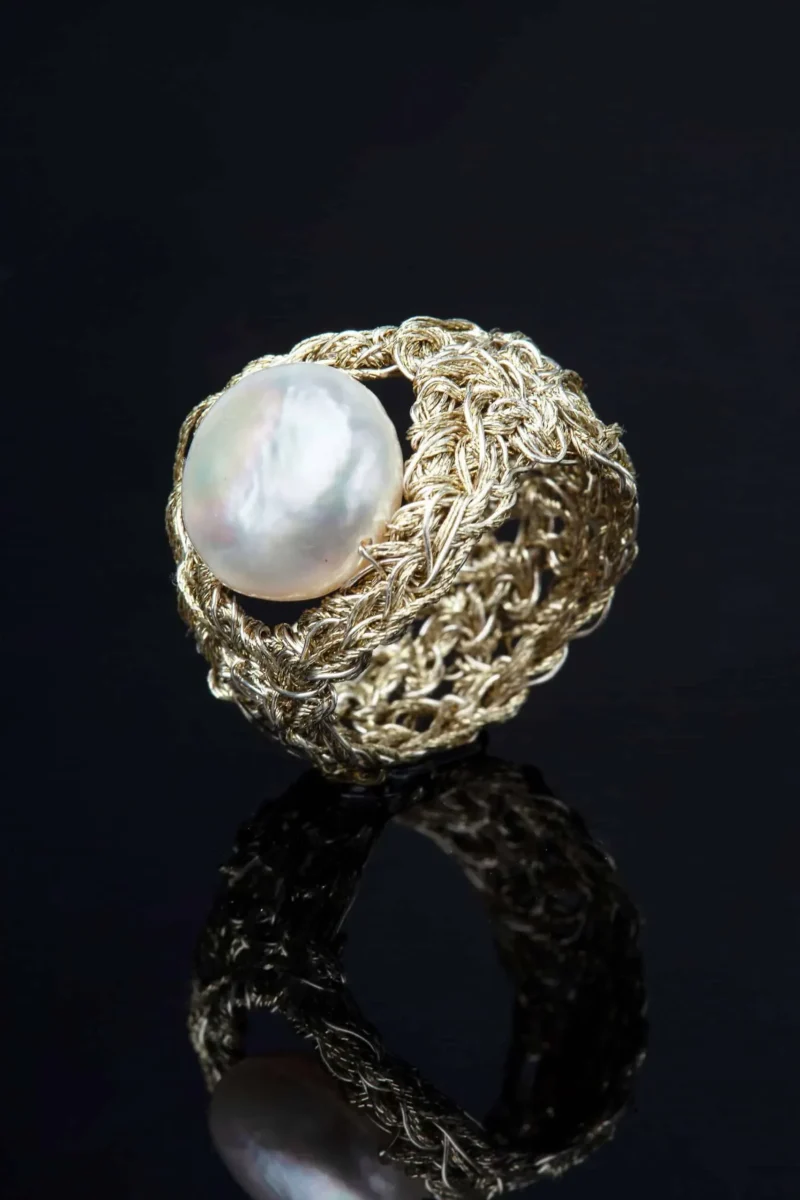 Handmade Jewellery | Gold crochet knit silver ring with pearls gallery 1