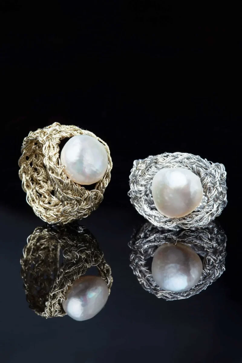 Handmade Jewellery | Crochet knit silver ring with pearl gallery 4