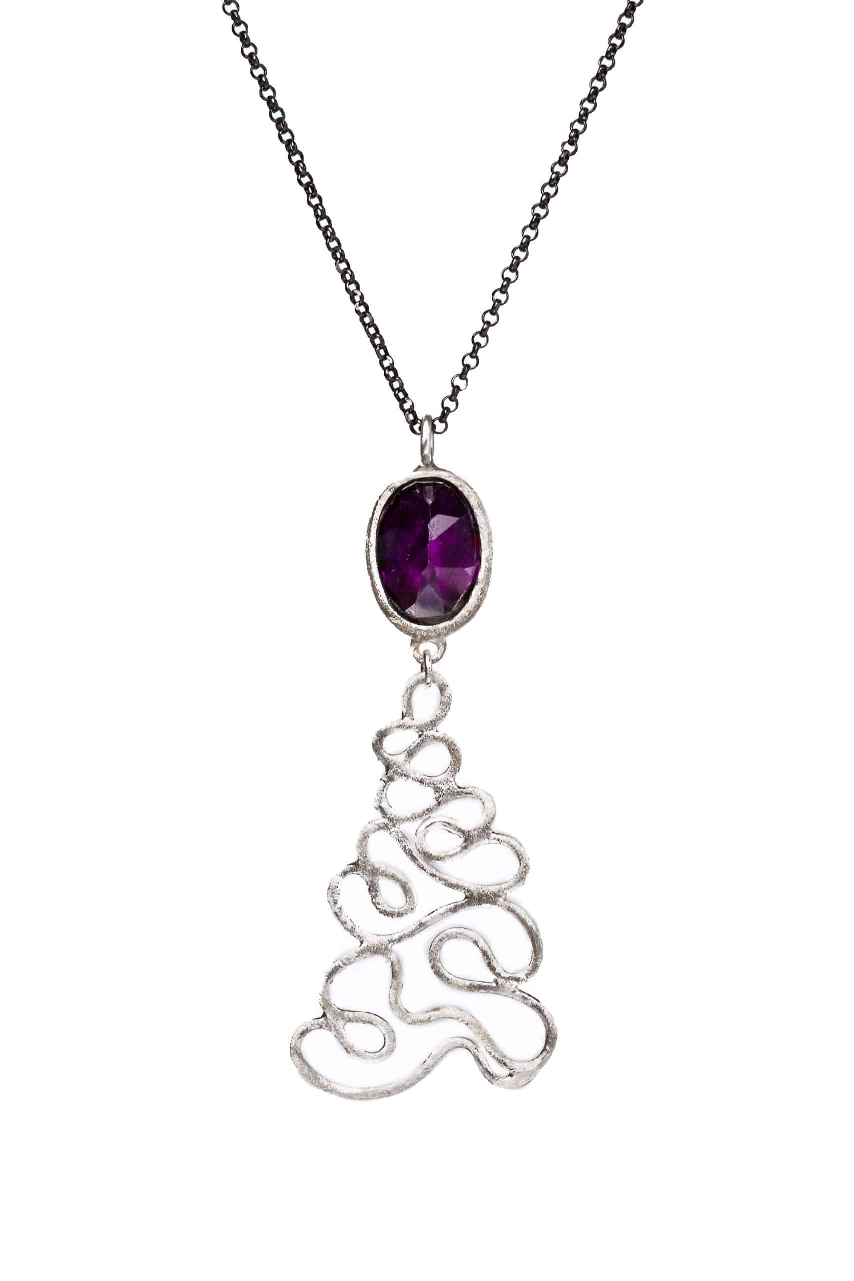Wave silver necklace with amethyst main