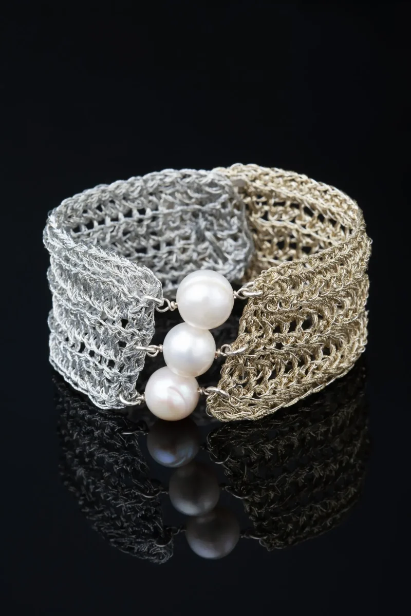 Handmade Jewellery | Crochet knit silver bracelet with golden threads and pearls gallery 1