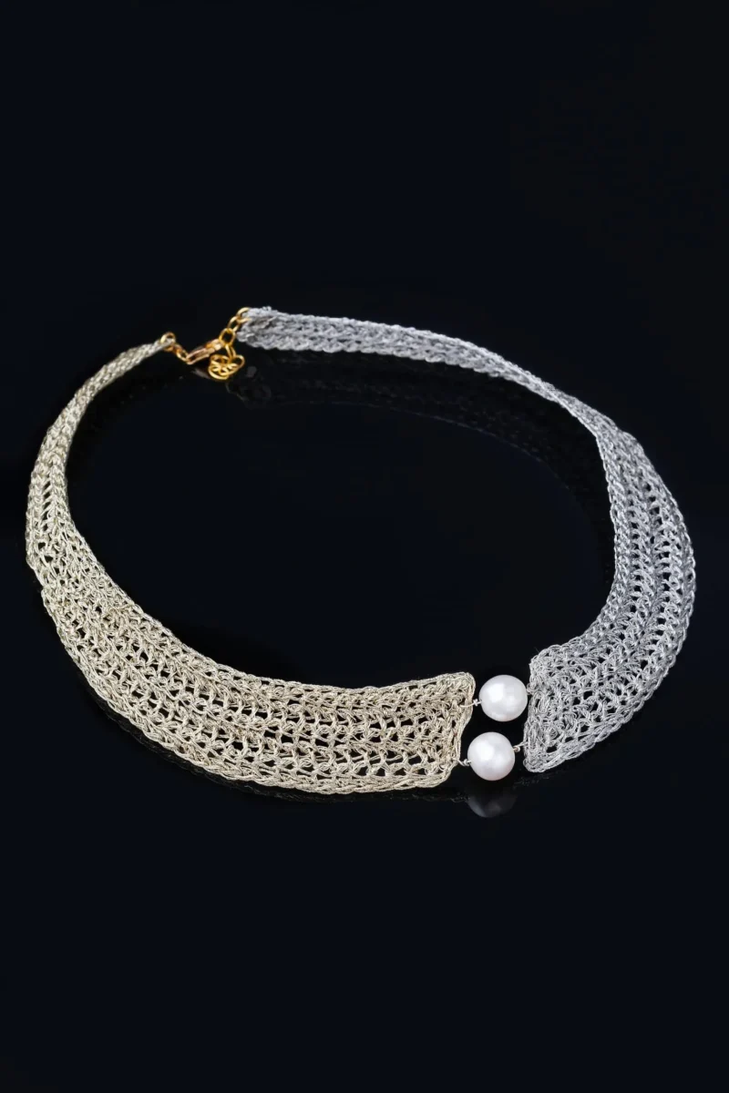 Handmade Jewellery | Crochet knit silver necklace with and pearls gallery 1
