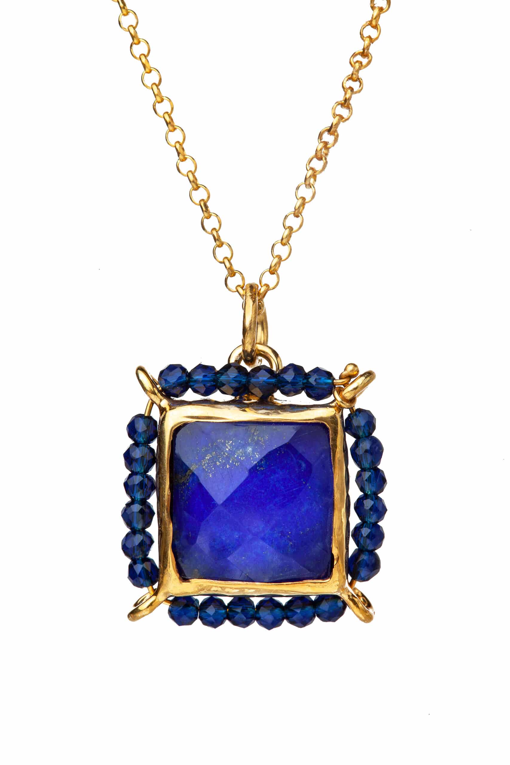 Gold plated silver pendant, combined lapis lazuli and zircons. Gold plated silver chain main