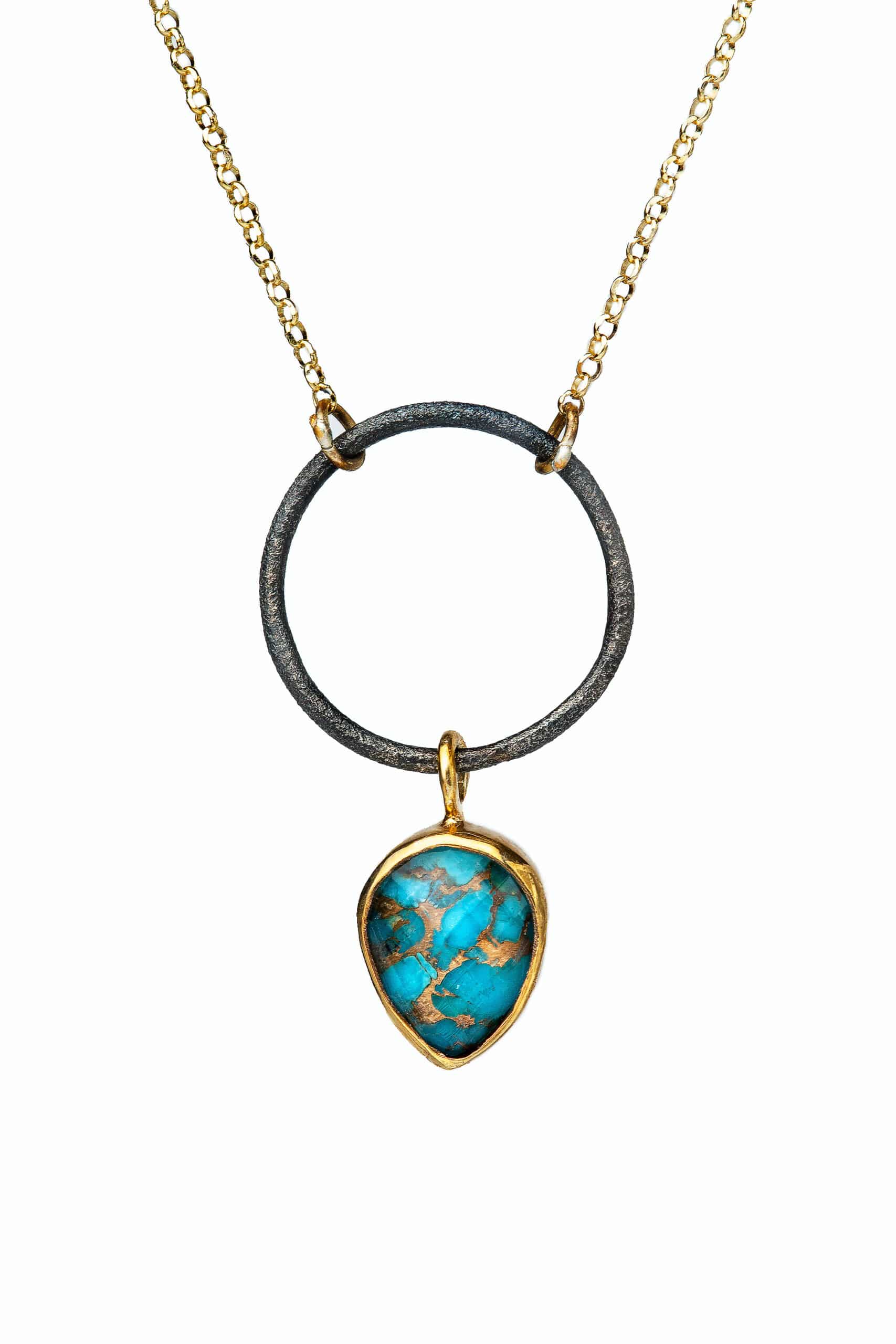 Teardrop turquoise gold and black rhodium plated silver necklace main