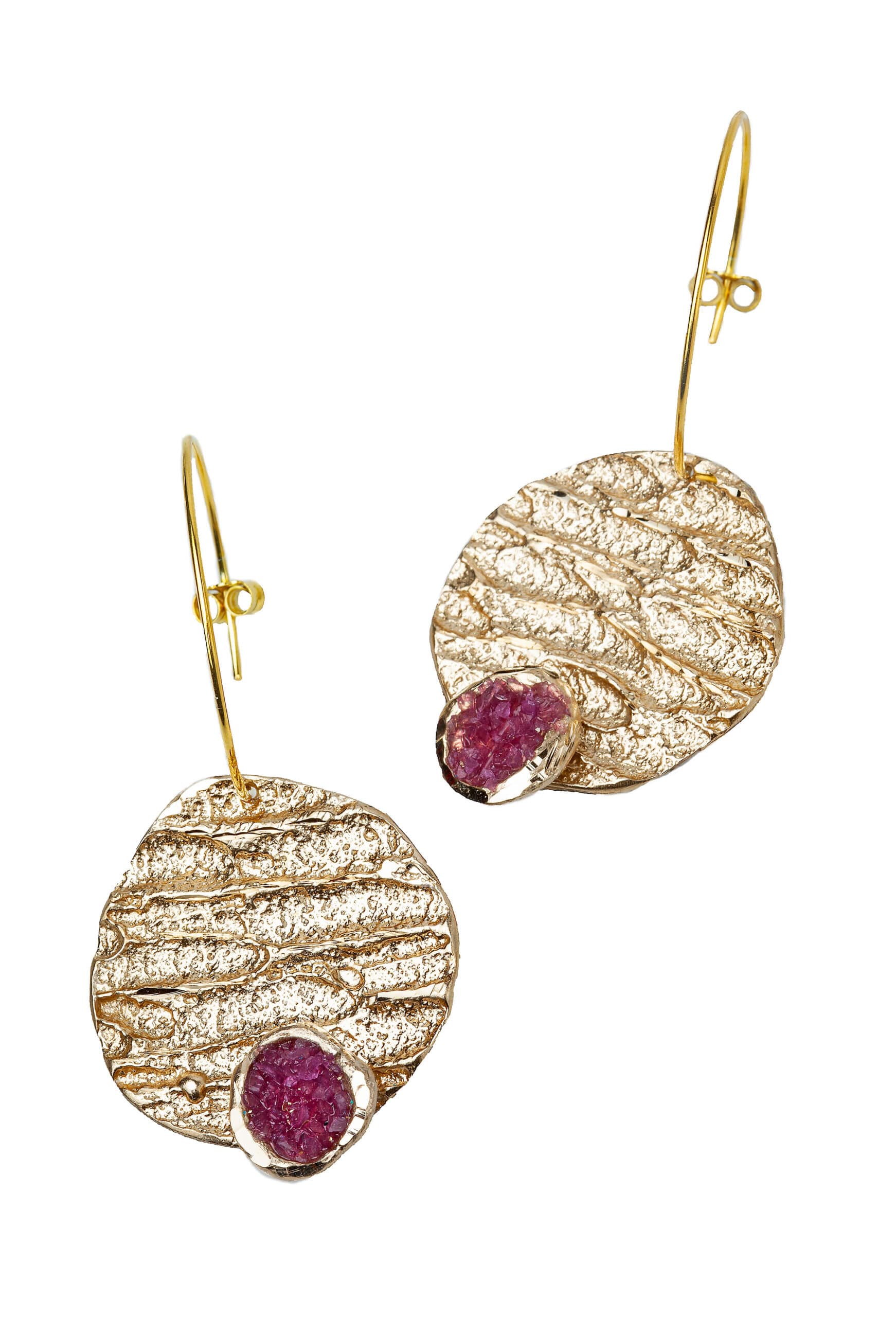 Gold plated silver and bronze hoops with fuchsia crystals gallery 2