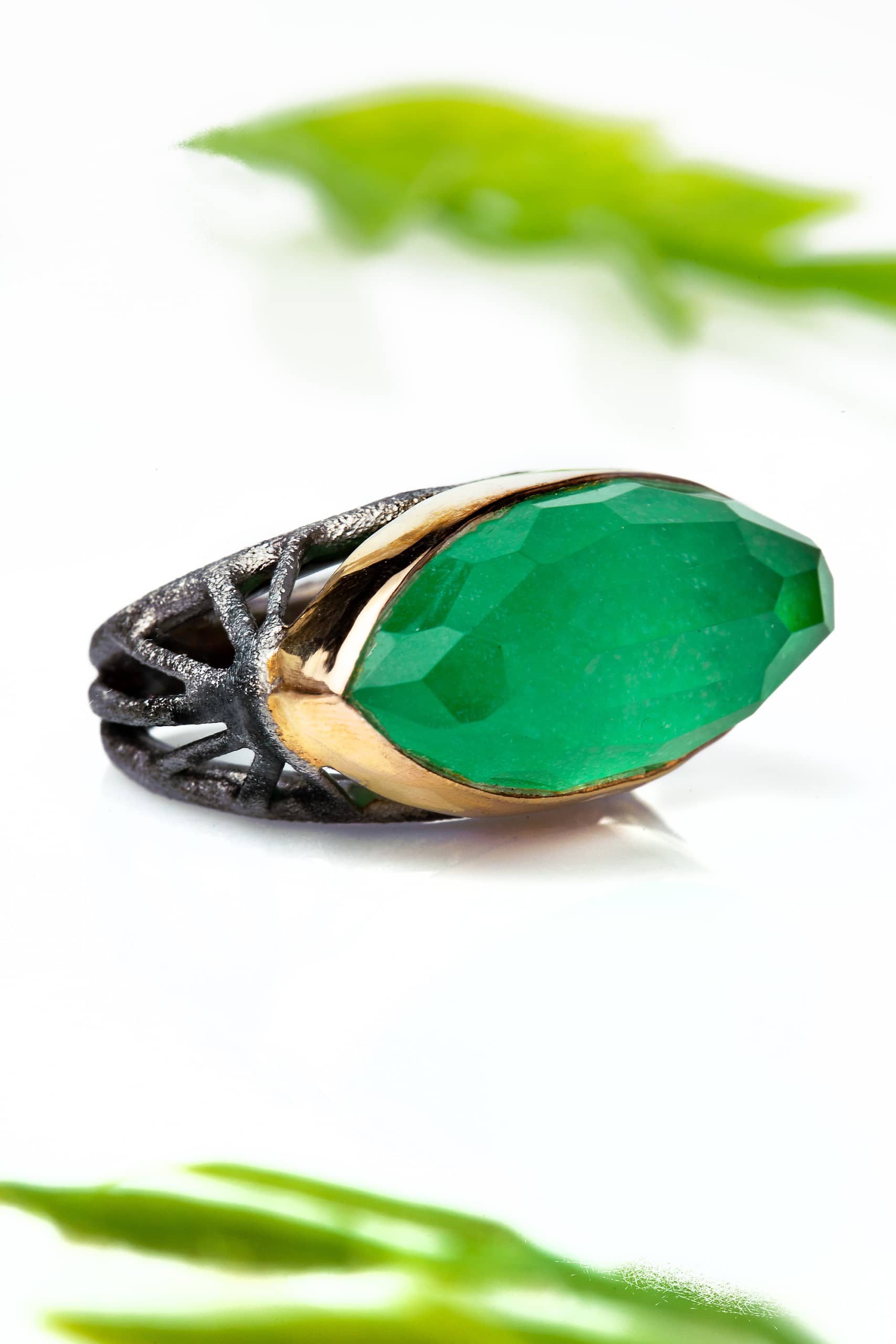 Jade gold and black rhodium plated silver ring gallery 2