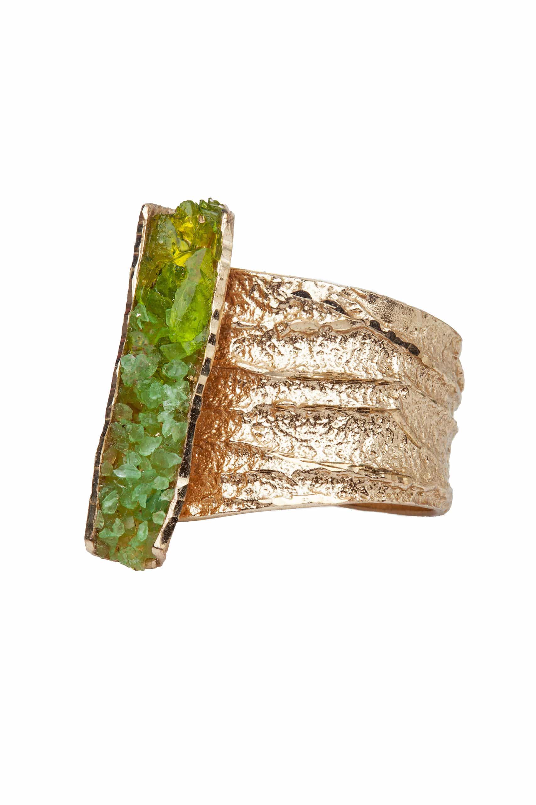 Unique bronze ring with gold patina and green crystals gallery 1