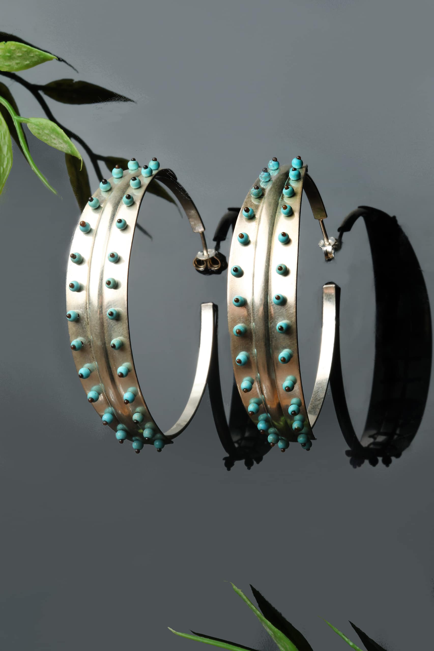 Rhodium plated bronze hoops with turquoise main