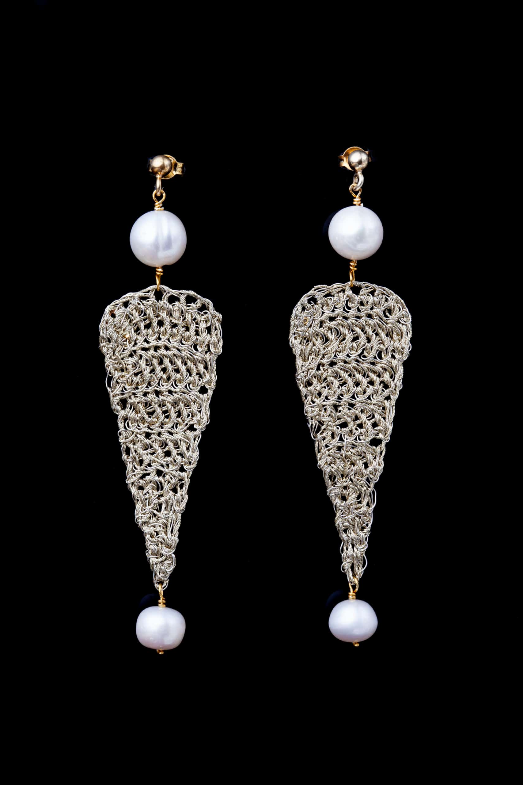 Triangle crochet knit silver earrings with pearls gallery 2