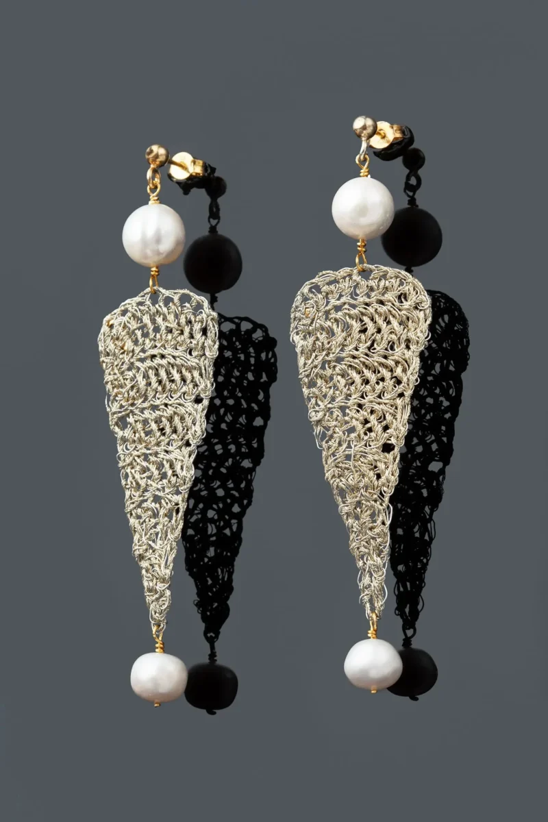 Handmade Jewellery | Triangle crochet knit silver earrings with pearls gallery 1