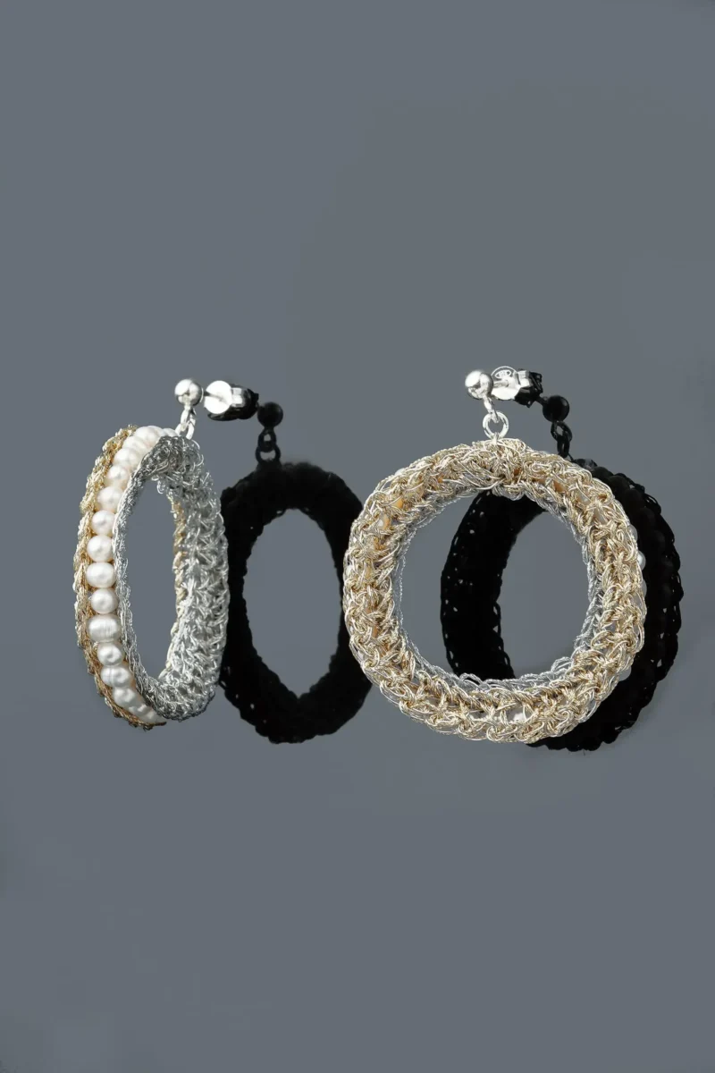 Handmade Jewellery | Round crochet knit silver earrings with pearls gallery 1