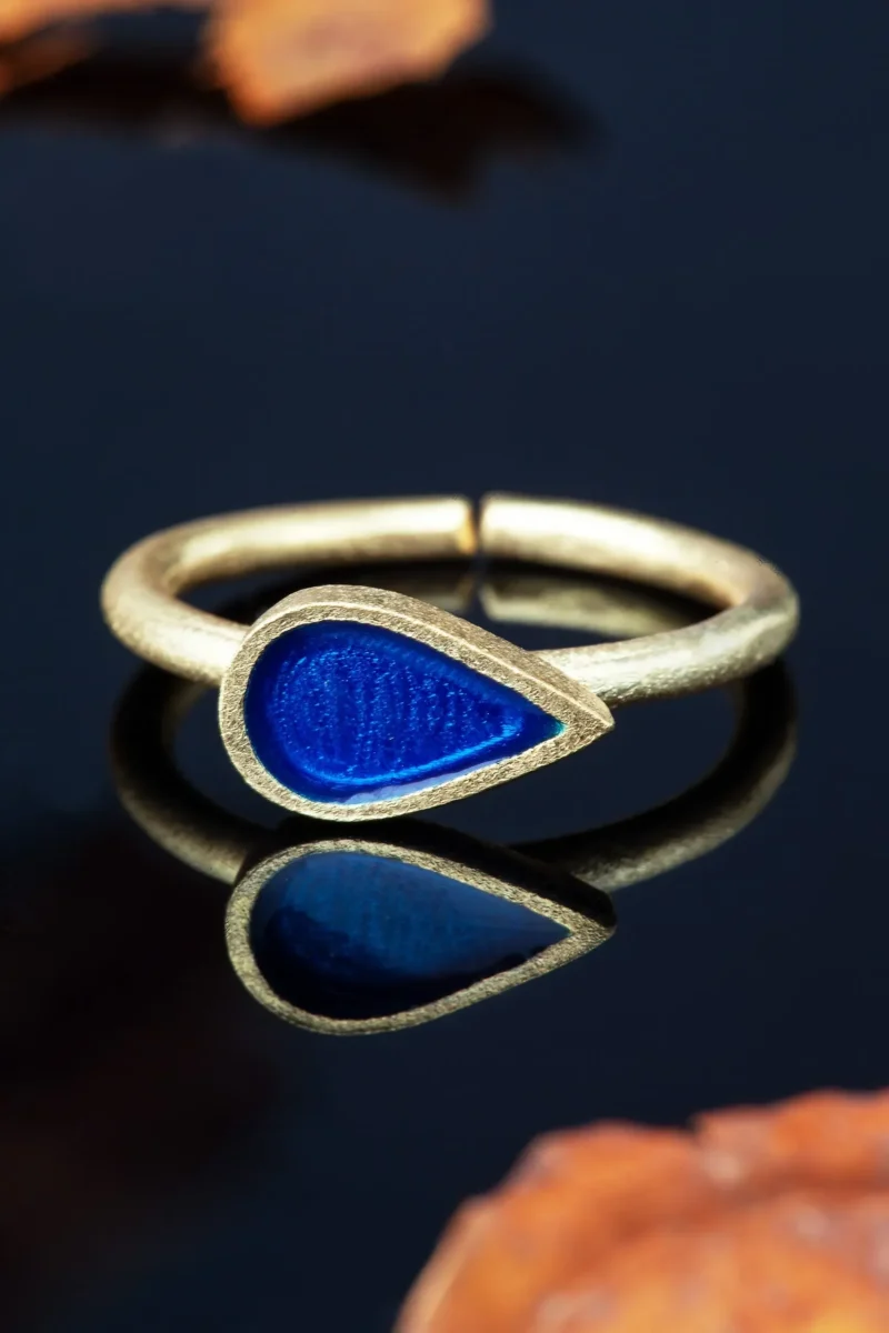 Handmade Jewellery | Drop gold plated silver ring with blue enamel gallery 2
