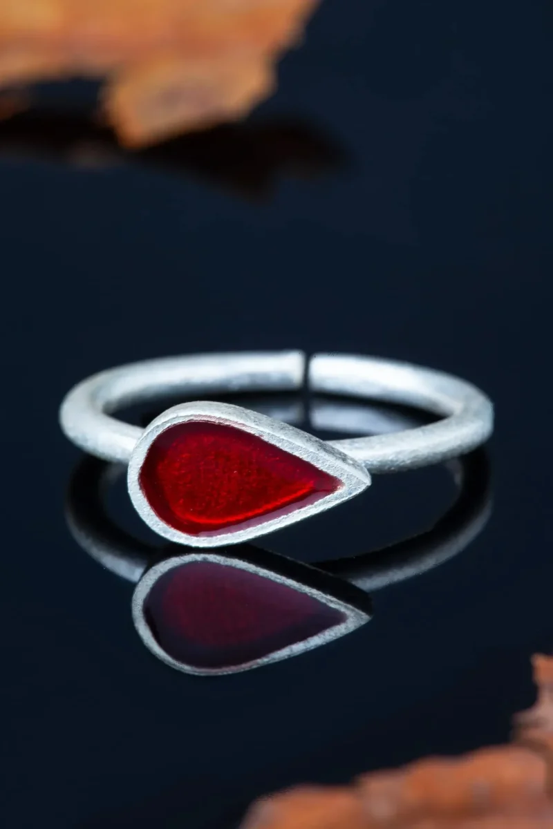 Handmade Jewellery | Drop silver ring with red enamel gallery 2