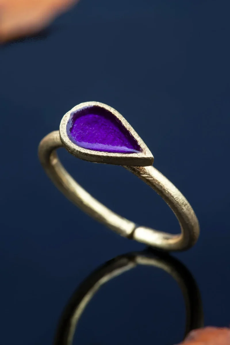 Handmade Jewellery | Drop gold plated silver ring with purple enamel gallery 1
