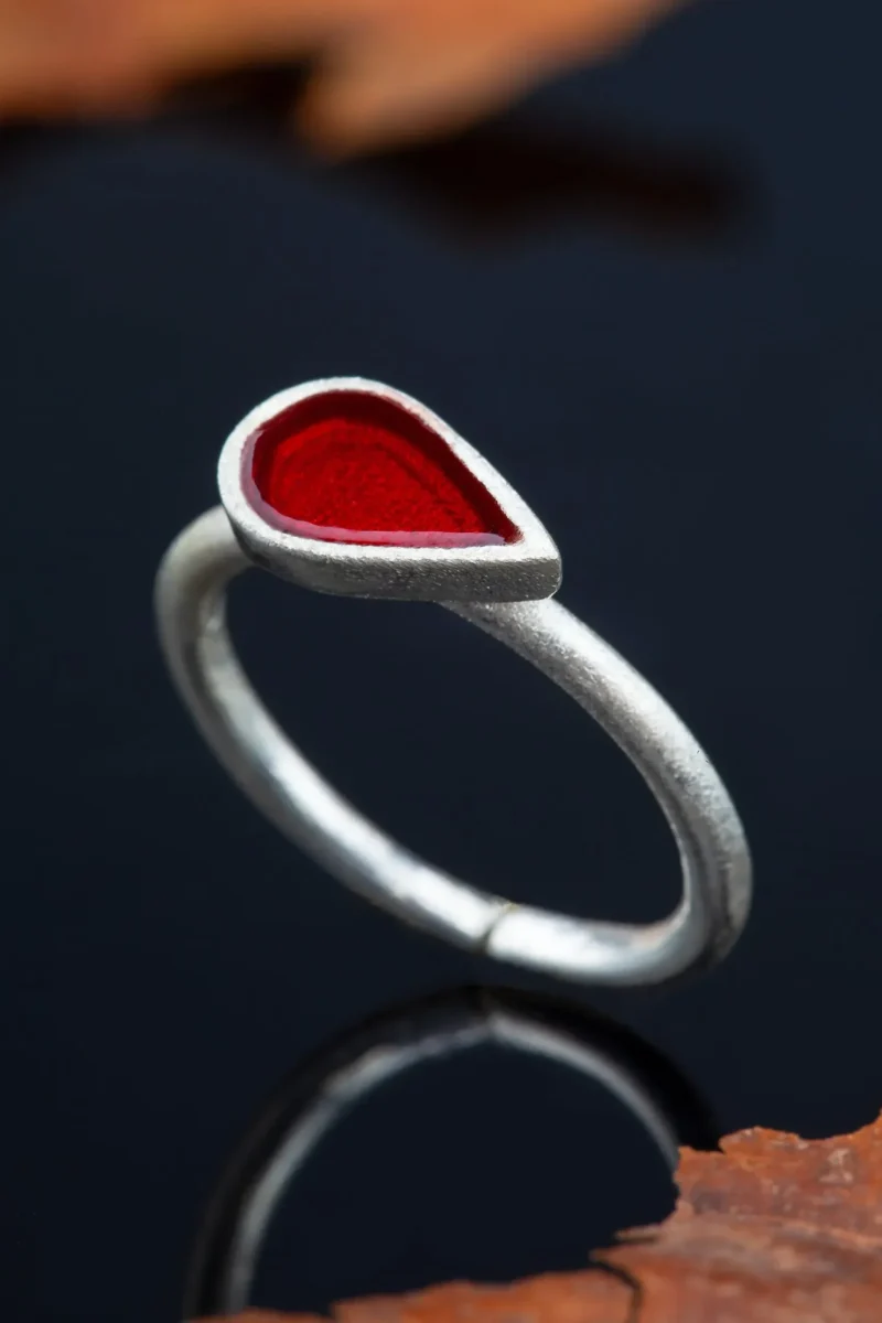 Handmade Jewellery | Drop silver ring with red enamel gallery 1