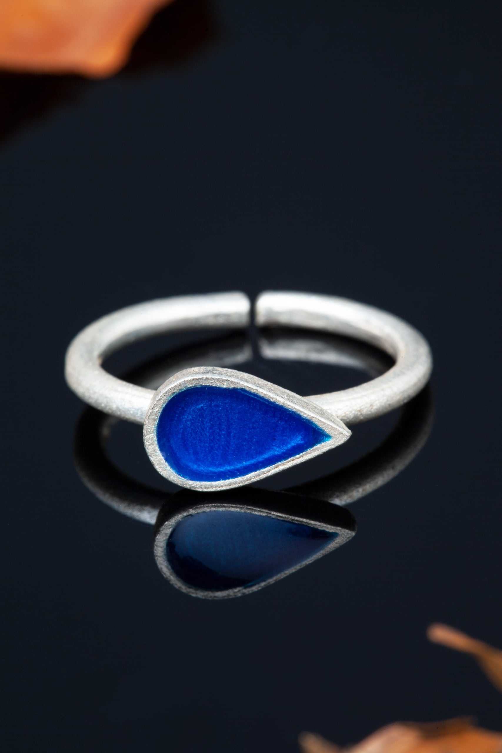 Drop silver ring with blue enamel gallery 1