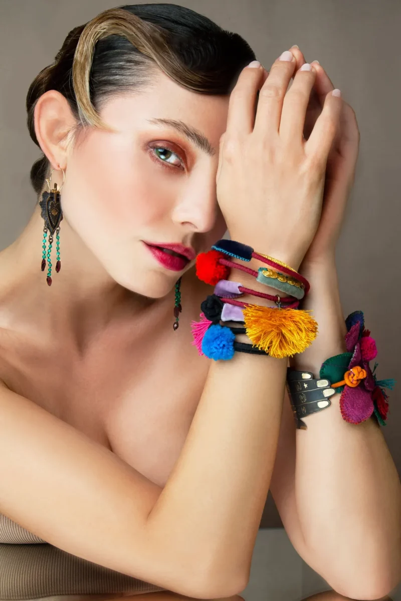 Handmade Jewellery | Hand Engraved Bracelet with Vibrant Fabrics and Playful Pompoms gallery 9