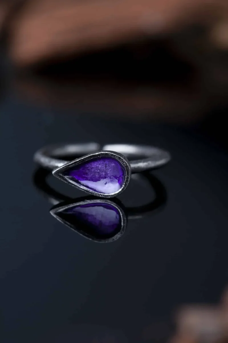 Handmade Jewellery | Drop handmade silver ring with purple enamel gallery 2