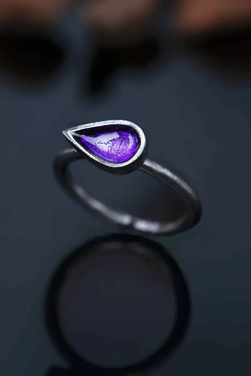 Handmade Jewellery | Drop handmade silver ring with purple enamel gallery 1
